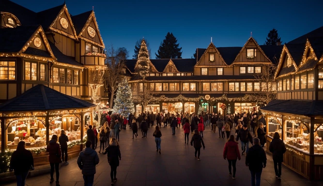 The Winchester Mystery House Christmas Market bustles with festive stalls and twinkling lights, as visitors browse through artisanal crafts and savory treats in the San Jose winter air