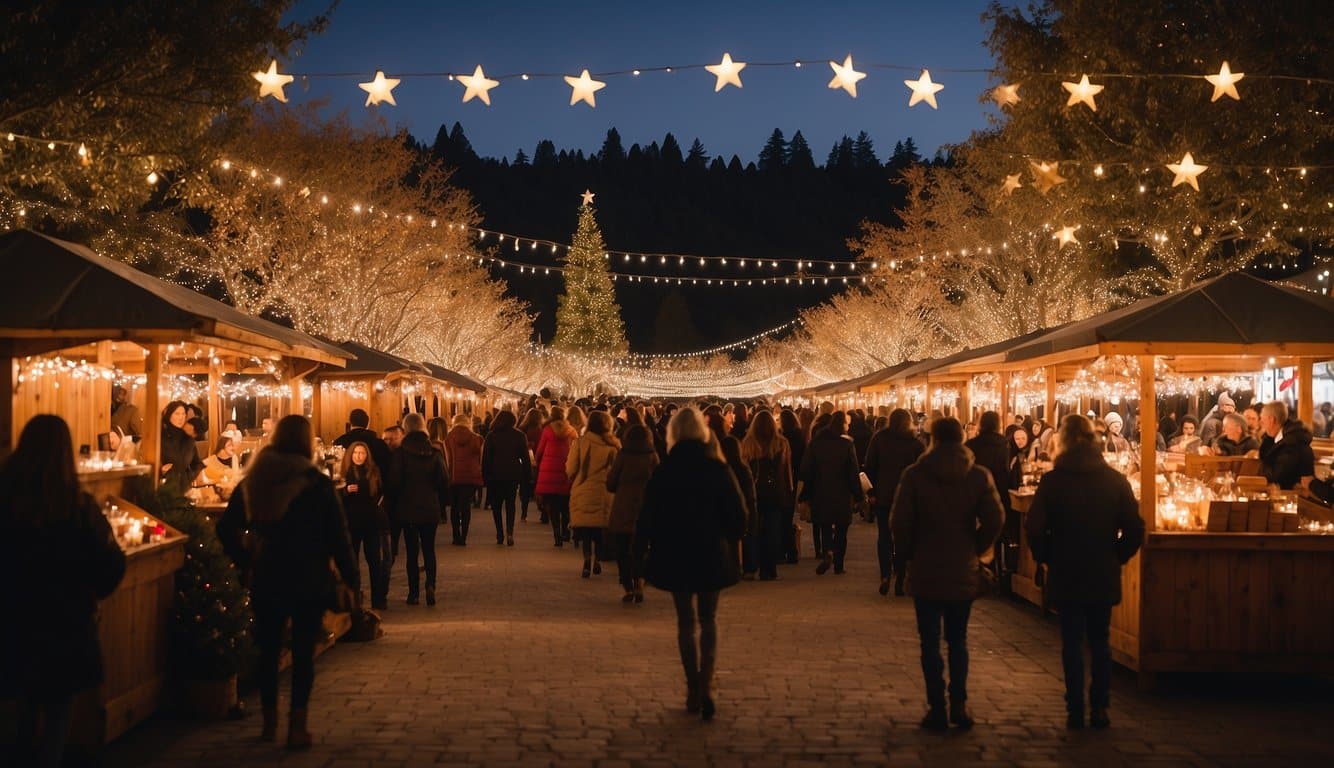 A festive scene at Napa Valley Christmas Market: twinkling lights, wooden stalls selling crafts, the scent of spiced cider, and joyful carolers filling the air with holiday cheer