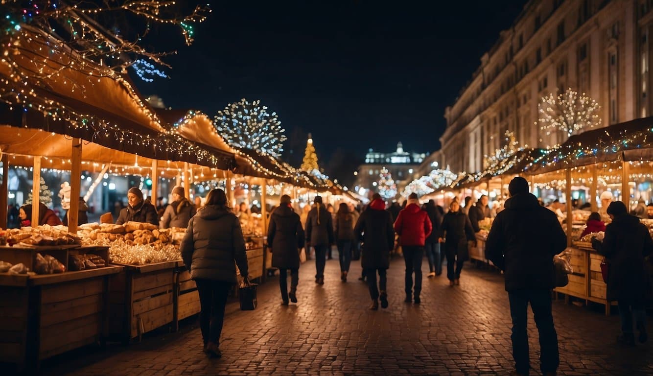 Colorful stalls line the riverside, adorned with twinkling lights and festive decorations. The scent of cinnamon and hot cocoa fills the air as families wander through the market, enjoying the holiday cheer