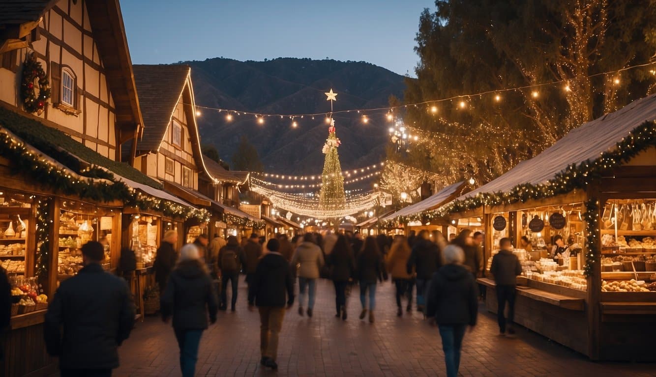 A bustling Christmas market in Solvang, Southern California, adorned with twinkling lights, festive decorations, and vendors selling holiday treats and gifts