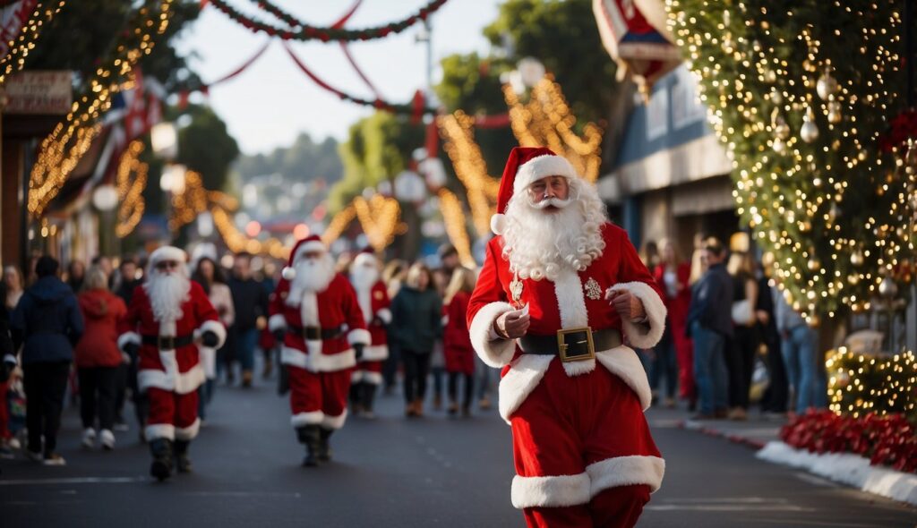 Santa Claus figures walk down a festive street lined with holiday lights and decorations, surrounded by a crowd of people.