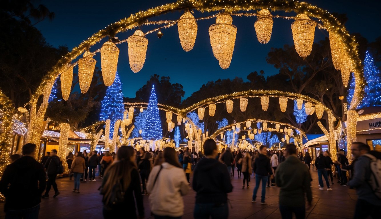 The Los Angeles Zoo Lights Christmas market in Southern California features colorful light displays, festive decorations, and bustling holiday vendors in 2024