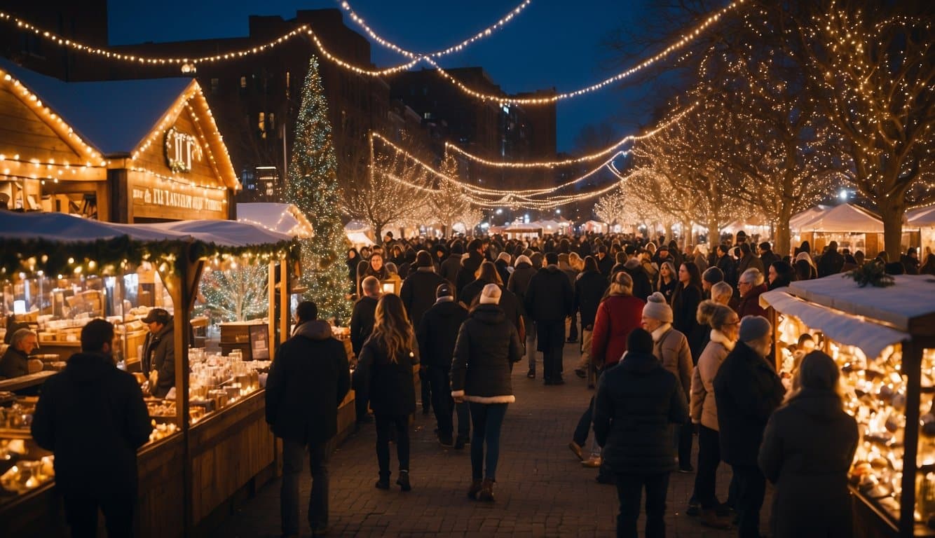 The festive Christmas market in Knoxville, Tennessee bustles with activity, as vendors sell unique gifts and holiday treats under twinkling lights