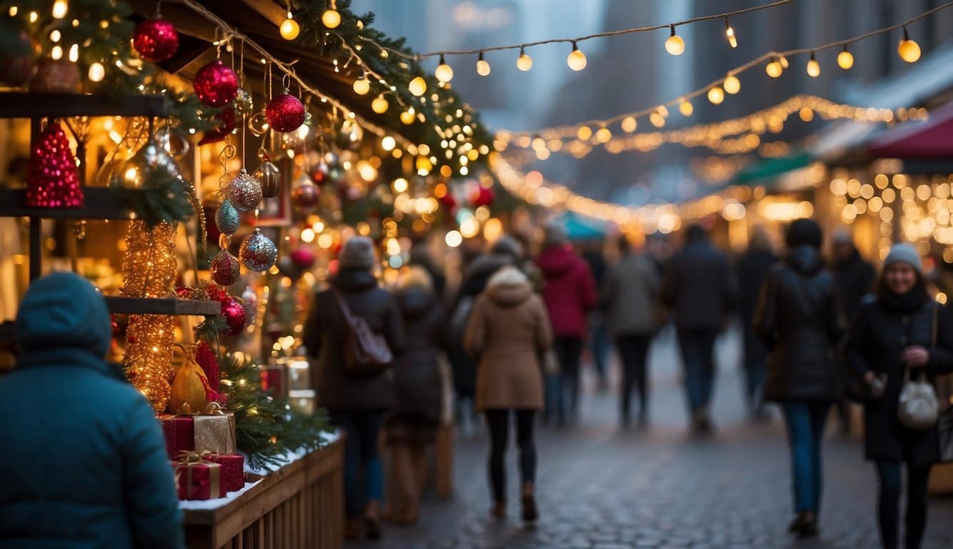 Colorful holiday market booths line the streets, adorned with twinkling lights and festive decorations. Shoppers browse through unique handmade gifts, while the scent of hot cocoa and roasted chestnuts fills the air