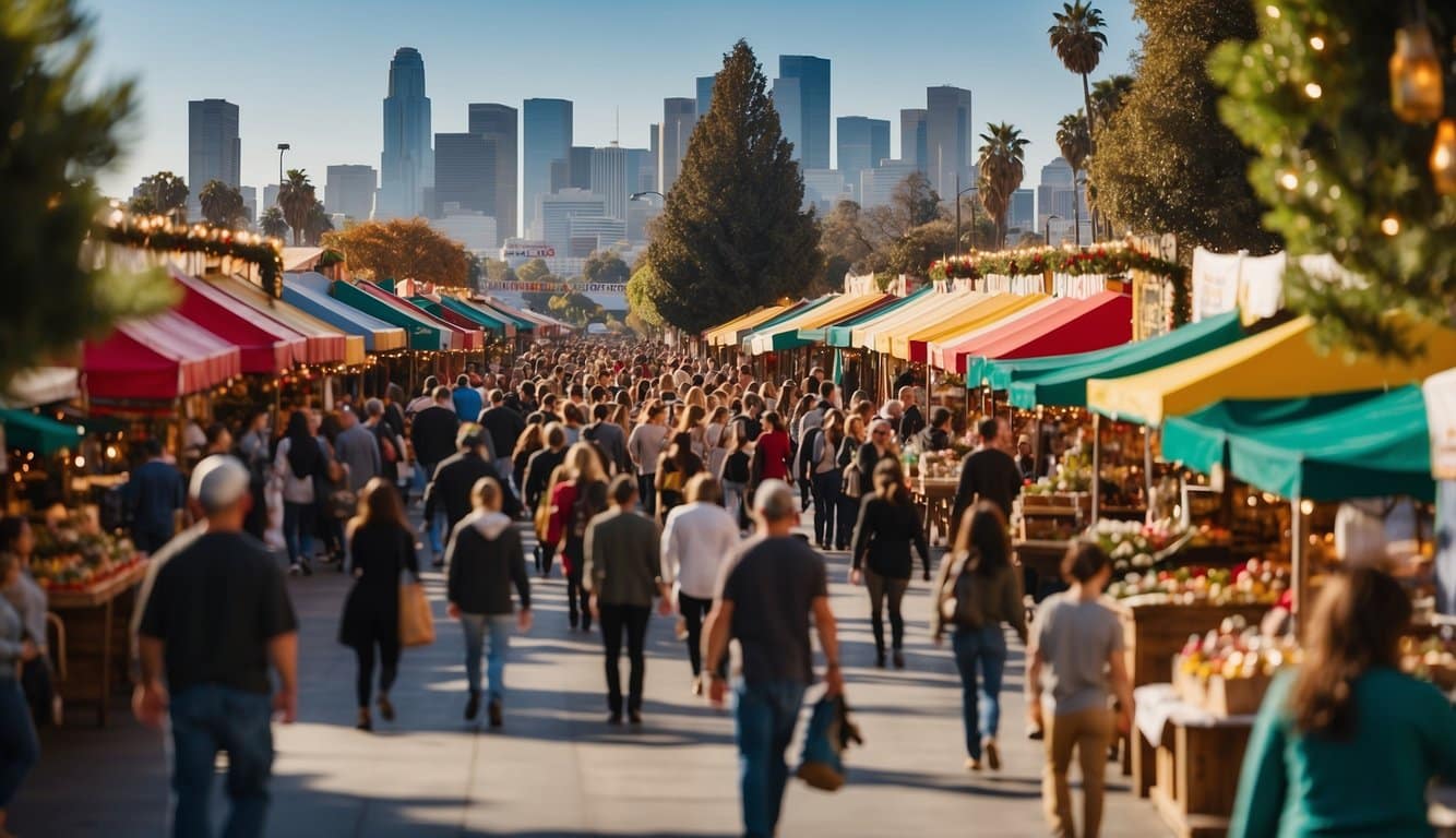 A festive Christmas market at Knott's Merry Farm in Southern California, with colorful stalls, twinkling lights, and a joyful atmosphere