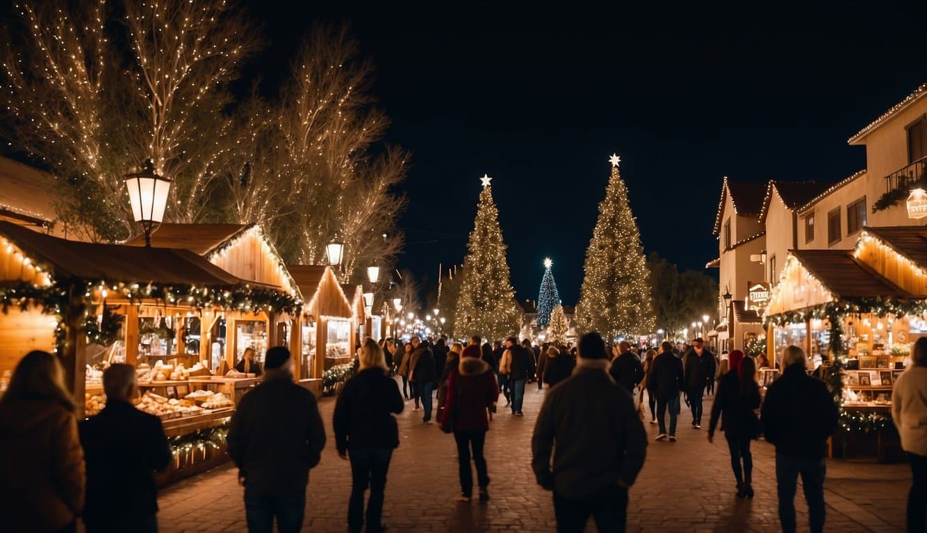 The Christmas market in Old Town Temecula is bustling with festive stalls and twinkling lights, as visitors enjoy the sights and sounds of the holiday season in Southern California