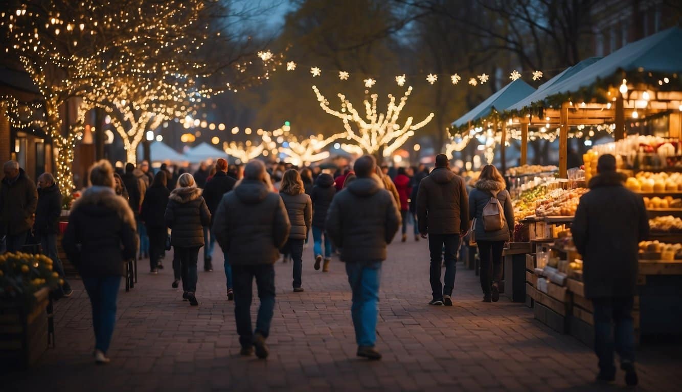 Festive lights illuminate the park, with vendors selling holiday treats and crafts. Families stroll through the market, enjoying the cheerful atmosphere