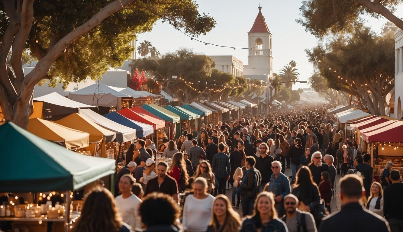 The bustling holiday market in downtown Santa Monica is filled with festive lights, decorated stalls, and cheerful visitors enjoying the warm Southern California weather