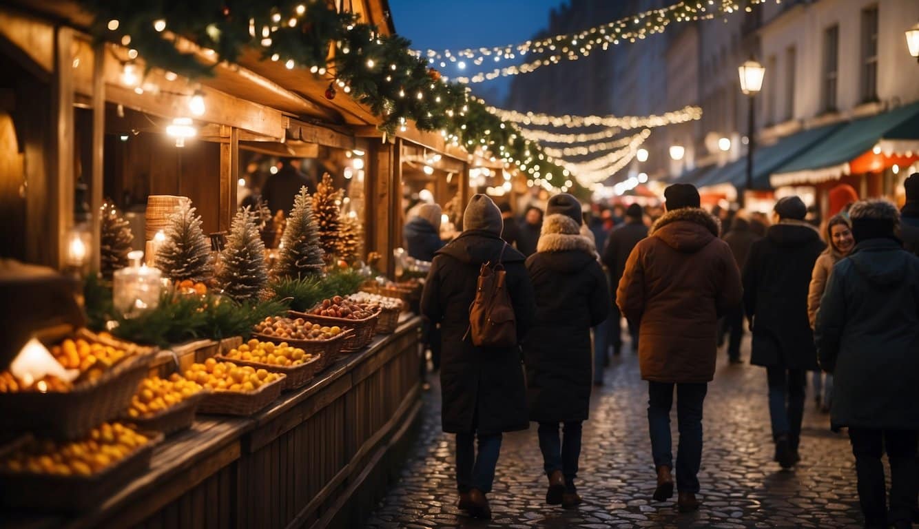 Vibrant stalls line the streets, adorned with twinkling lights and festive decorations. The scent of spiced cider and roasted chestnuts fills the air, as joyful carolers serenade the bustling crowds