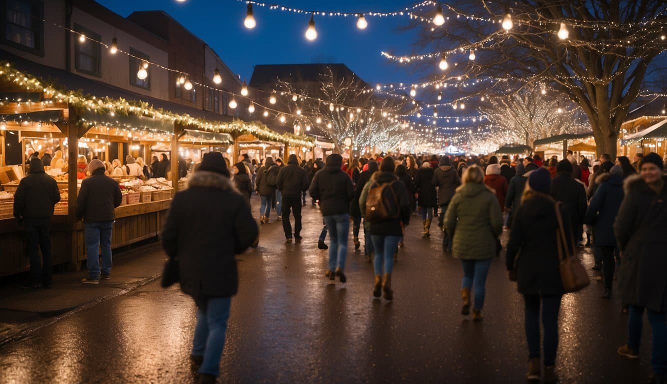 A festive holiday market with twinkling lights, snow-covered stalls, and bustling crowds in Salem, Oregon