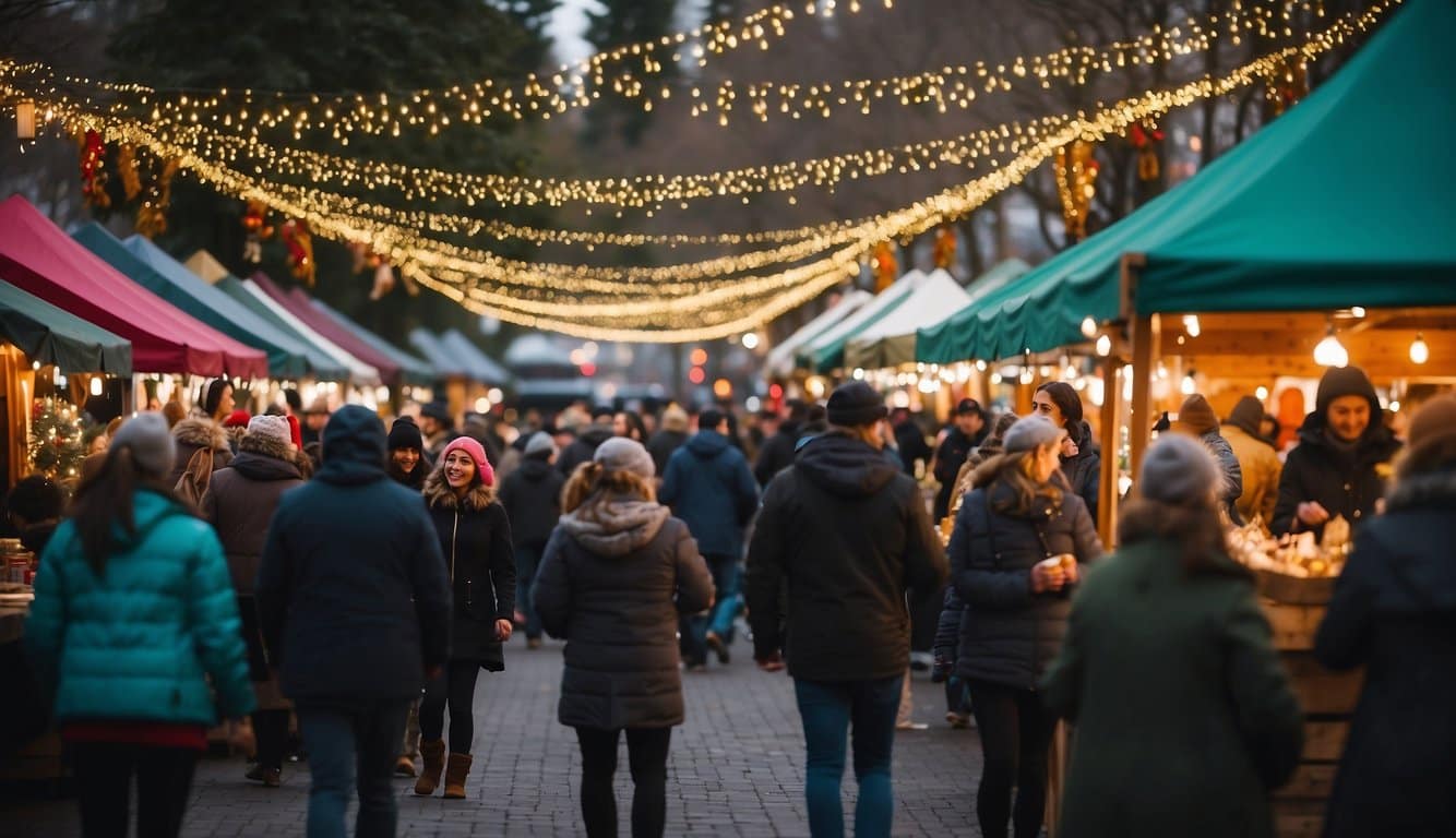 A festive scene at the Portland Christmas Craft Market, with colorful stalls, twinkling lights, and bustling crowds in Oregon 2024