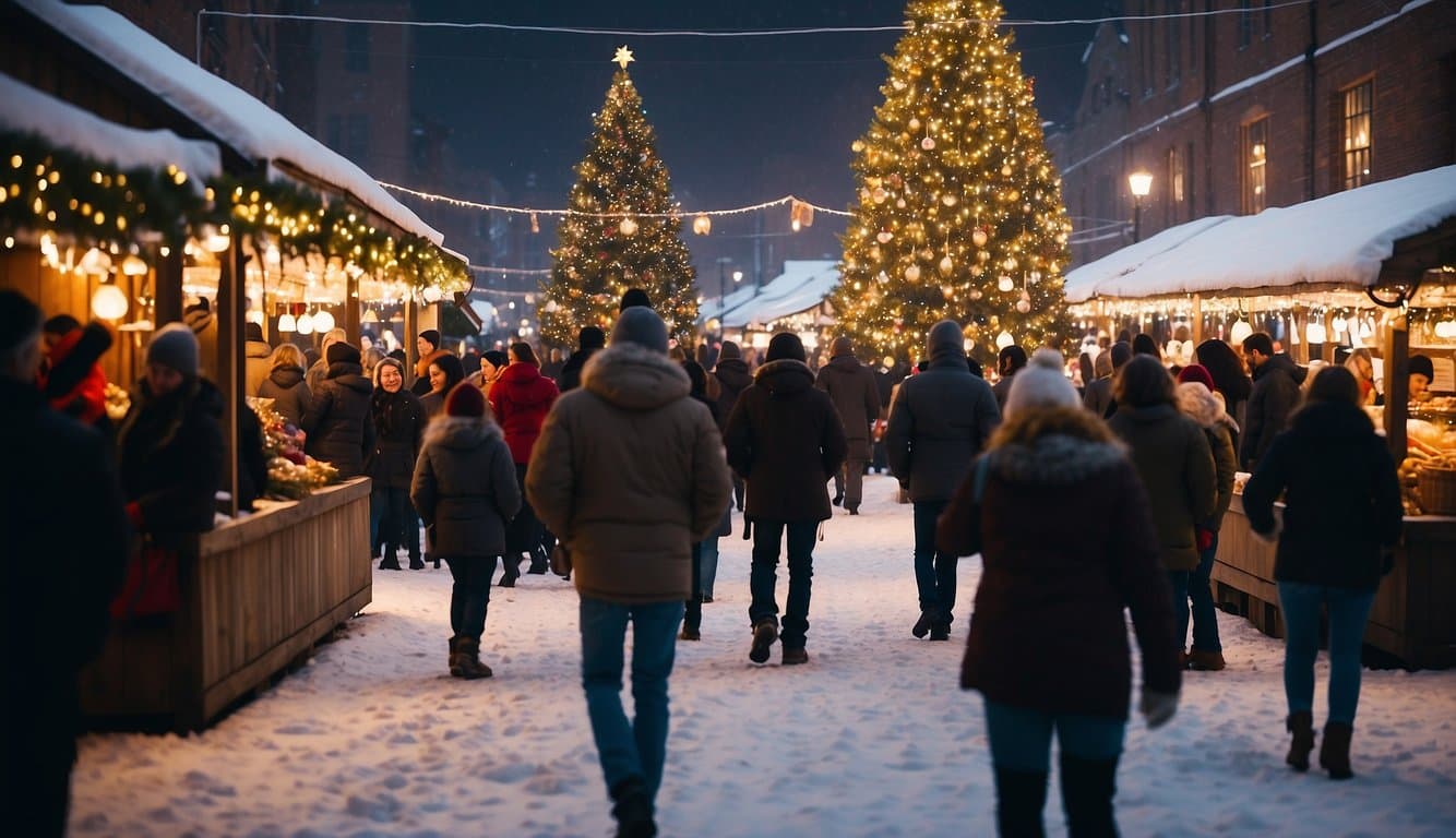 Snow-covered stalls line the market, adorned with twinkling lights and festive decorations. A towering Christmas tree stands in the center, surrounded by joyful visitors enjoying the holiday spirit