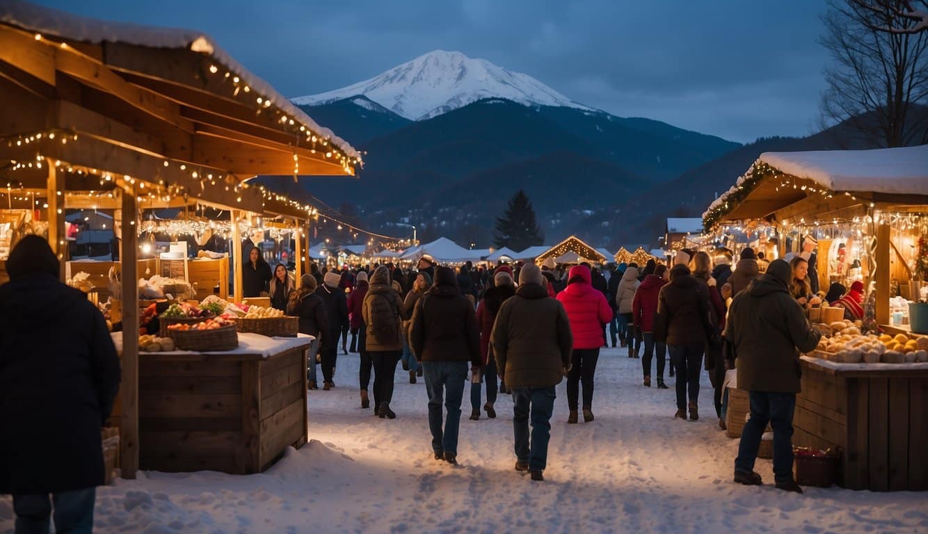 The Hood River Holiday Market bustles with festive stalls and twinkling lights, showcasing local crafts and seasonal treats. Snow-capped mountains provide a scenic backdrop