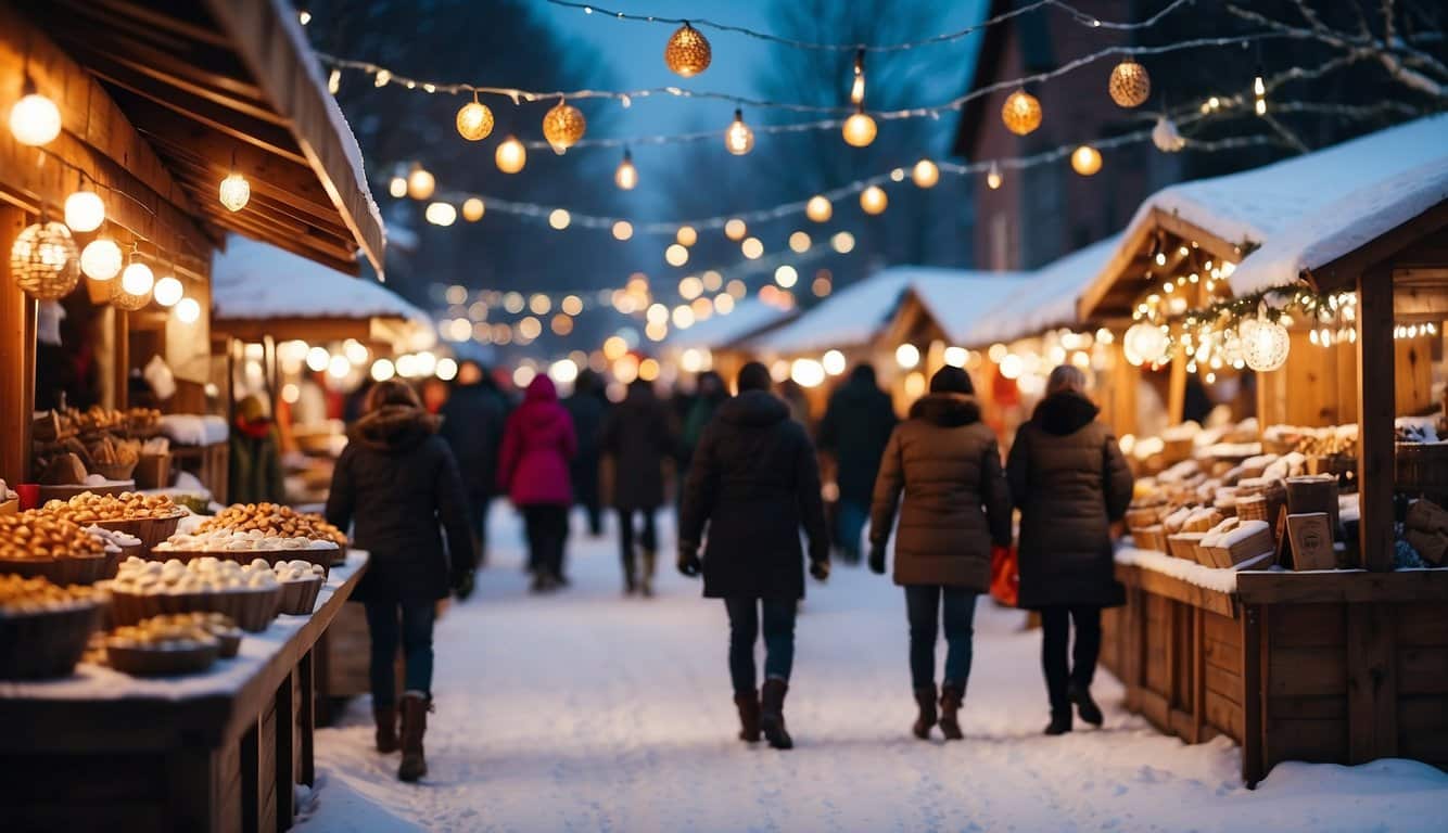 Colorful stalls line the snowy streets, adorned with twinkling lights and festive decorations. Aromas of hot cocoa and roasted chestnuts fill the air, as visitors browse handmade crafts and sample seasonal treats