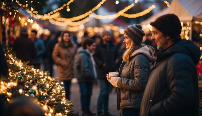 People in warm clothing enjoy a festive outdoor market at night, with string lights and decorated Christmas trees creating a cheerful atmosphere.