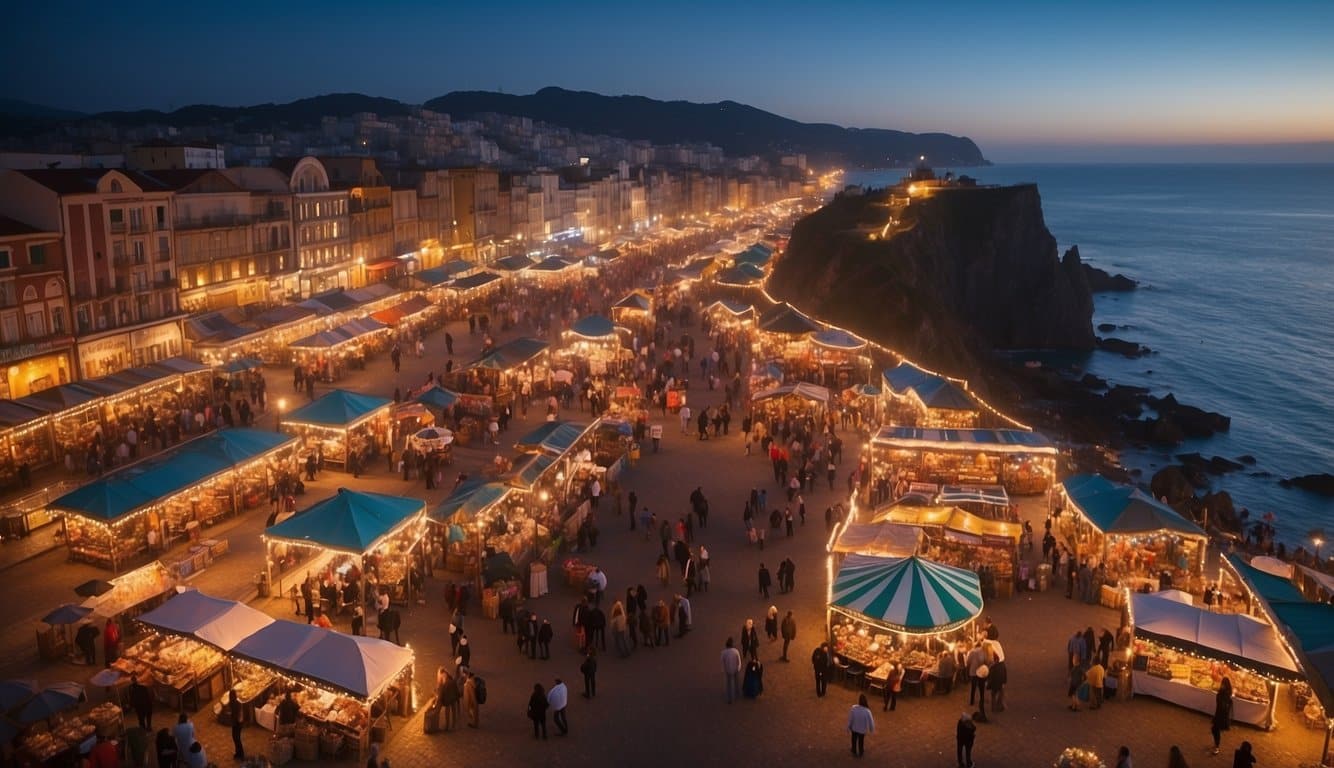 A festive seaside market with colorful stalls, twinkling lights, and holiday decorations, overlooking the ocean