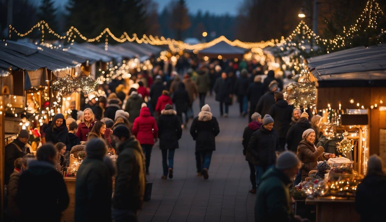 The Eugene Holiday Market in Oregon is bustling with festive activity, as vendors sell handmade crafts and decorations under twinkling Christmas lights