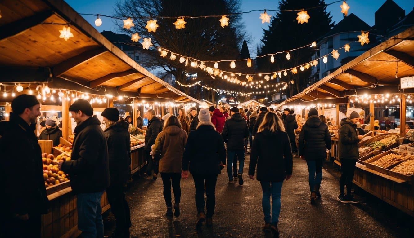 The Christmas market in Astoria, Oregon is bustling with festive energy. Colorful stalls offer handcrafted gifts, while the scent of mulled wine and roasted chestnuts fills the air. Twinkling lights and joyful carols create a magical atmosphere