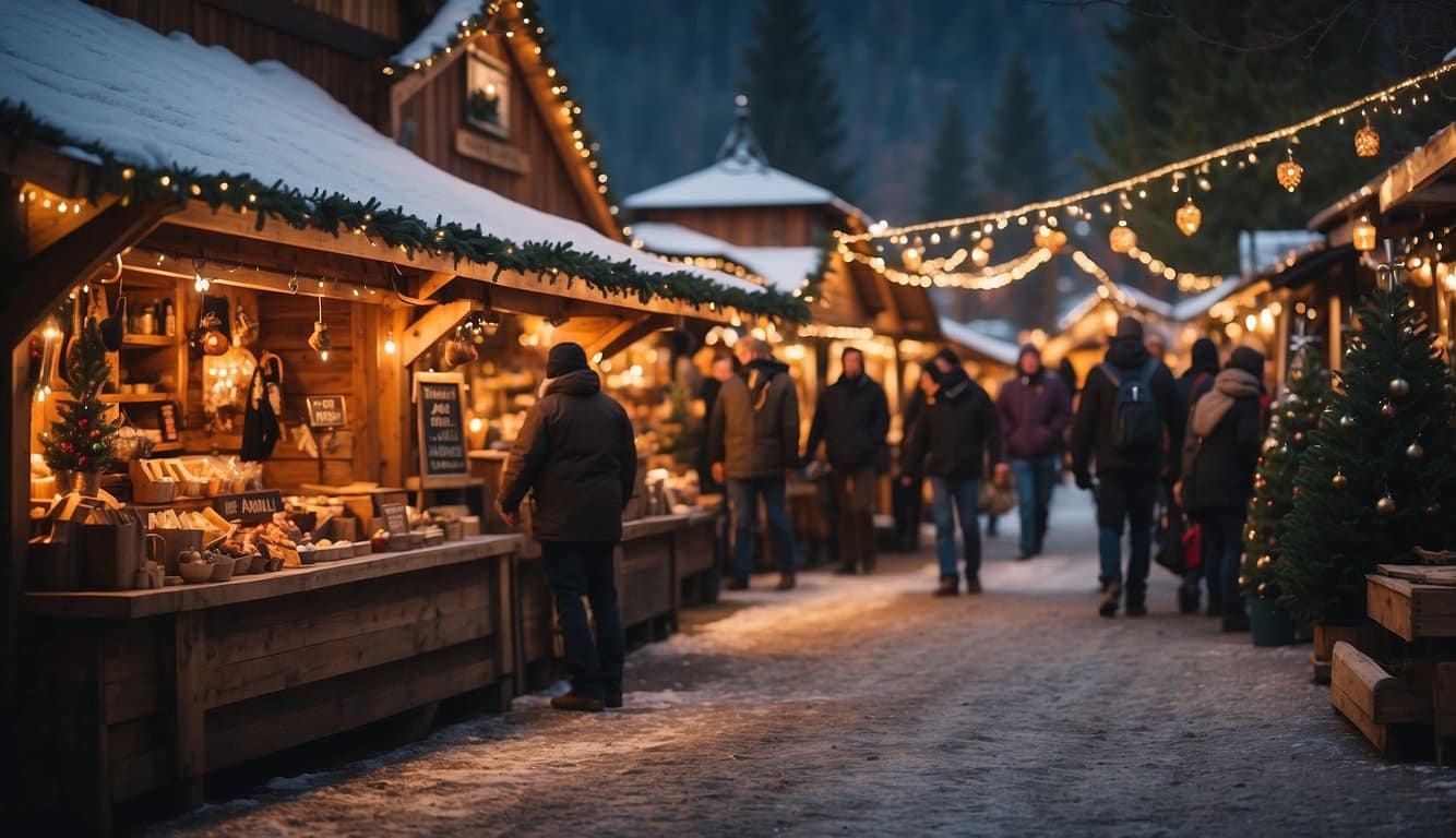 The historic Butteville Christmas Market in Oregon, 2024, features quaint wooden stalls adorned with festive decorations, twinkling lights, and a cozy atmosphere