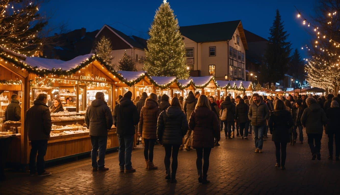 The Christmas market in Grants Pass, Oregon, is bustling with festive activity. Vendors sell handmade crafts and holiday treats while visitors enjoy live music and twinkling lights