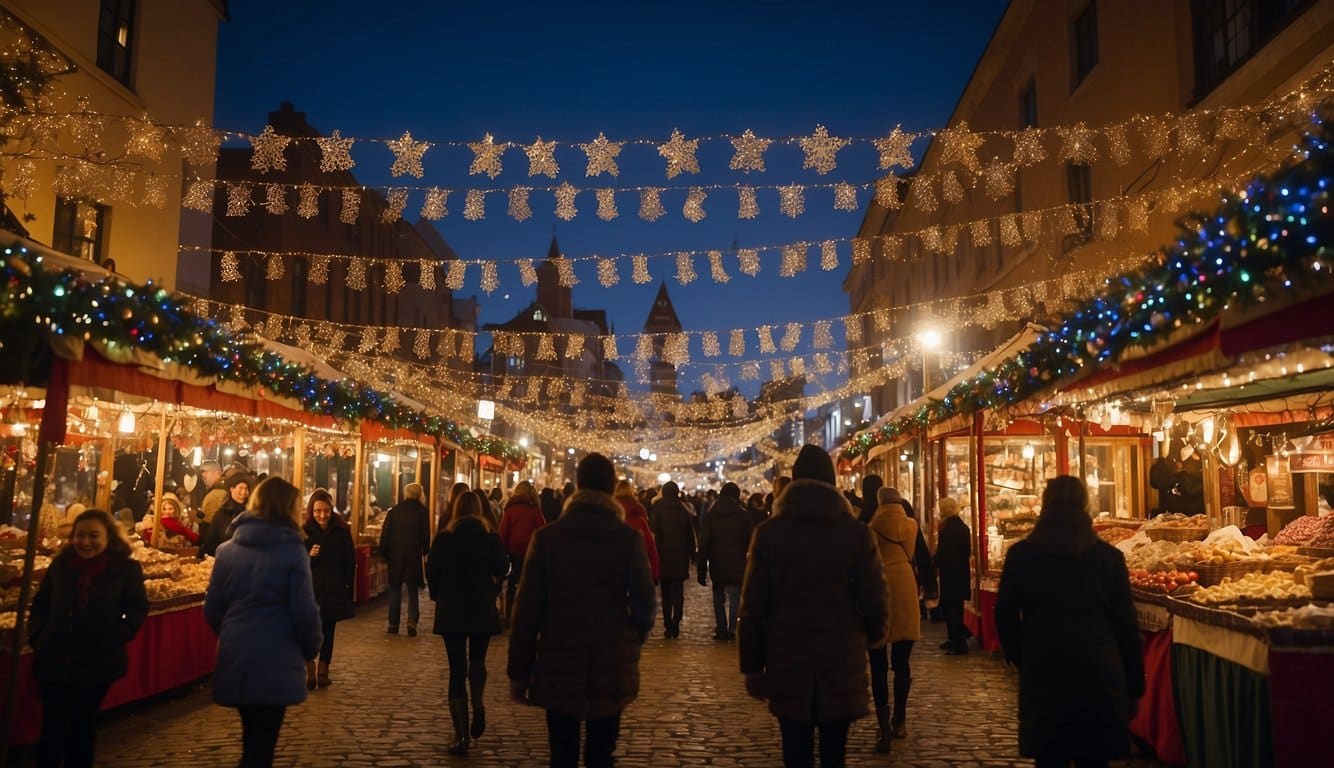 Colorful stalls line the streets, adorned with twinkling lights and festive decorations. Shoppers browse handmade crafts and local treats while carolers fill the air with holiday cheer