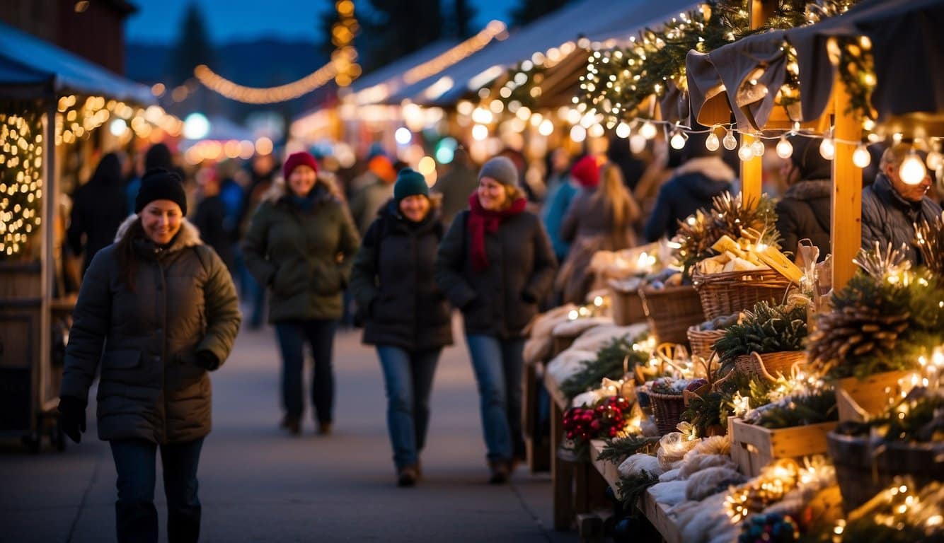 A festive scene of Kalispell's Christmas crafts market in Montana, 2024, with colorful stalls, twinkling lights, and bustling crowds