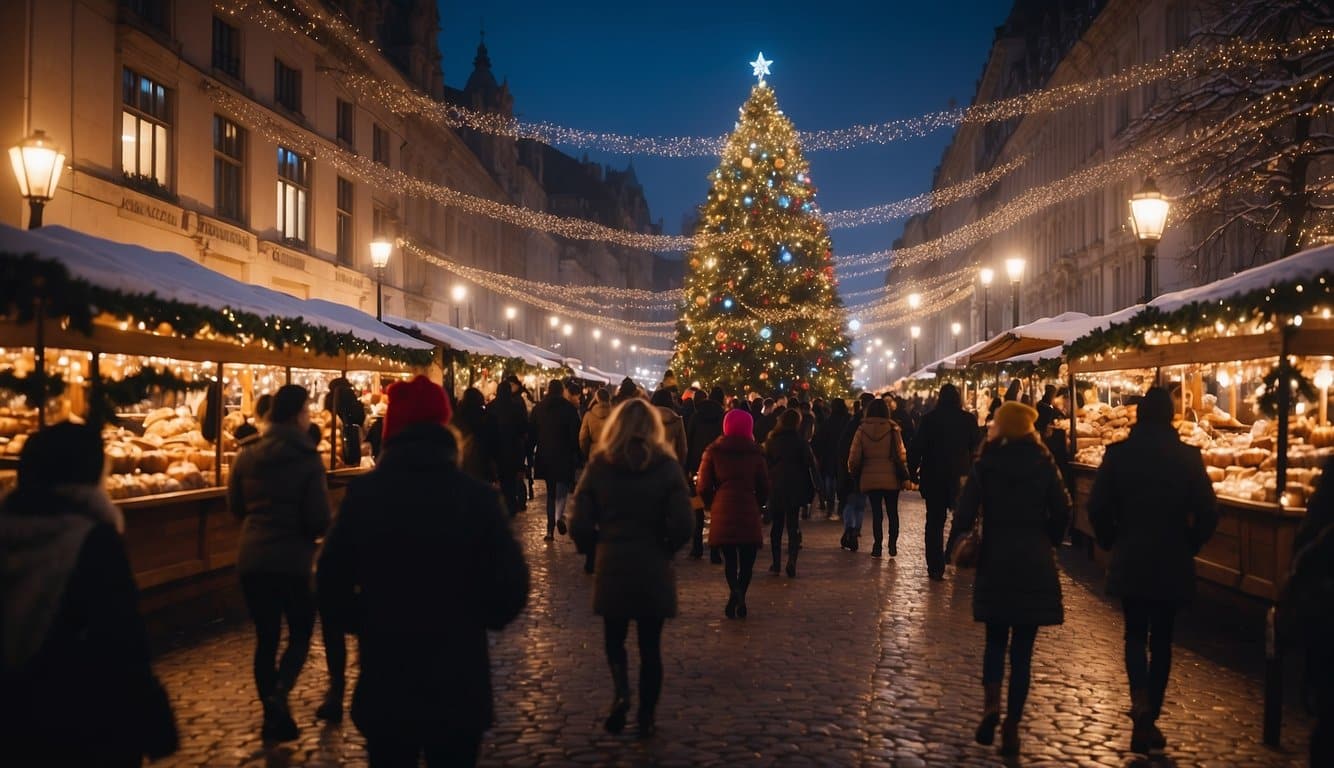 Crowds gather around festive stalls, adorned with twinkling lights and colorful decorations. A giant Christmas tree stands in the center, surrounded by the scent of hot cocoa and roasted chestnuts