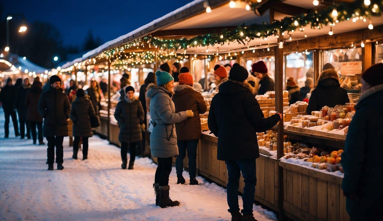 Colorful stalls line snowy streets at Havre's Christmas Extravaganza. Festive lights twinkle, and the aroma of spiced cider fills the air. Visitors browse handmade crafts and sample local treats at the bustling Christmas Markets