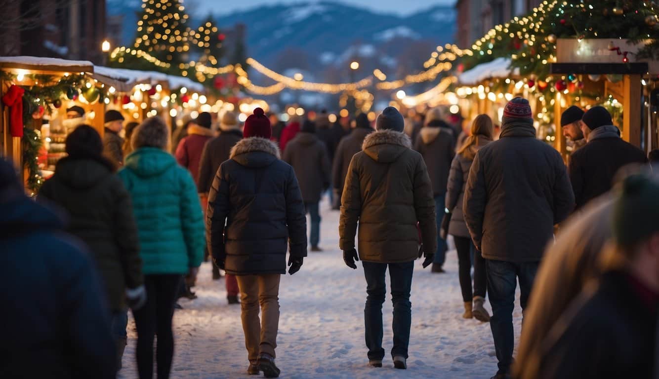 A bustling holiday market in Missoula, Montana, with colorful stalls, twinkling lights, and festive decorations, creating a cozy and cheerful atmosphere