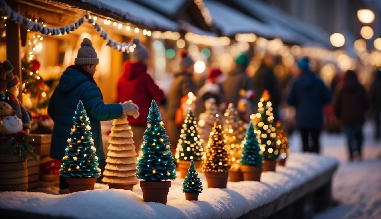 Colorful market stalls line snowy streets, displaying handmade crafts and festive decorations. A towering Christmas tree glows with twinkling lights, while carolers fill the air with joyful songs