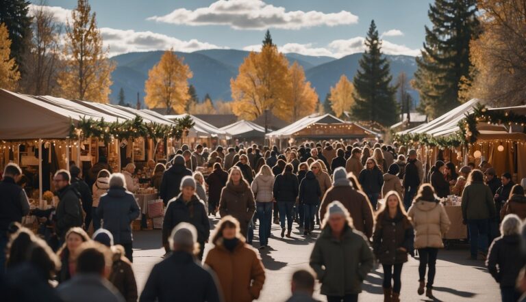 A crowded outdoor market with people walking between rows of vendor tents. The scene is set amidst fall foliage and mountains in the background under a partly cloudy sky.