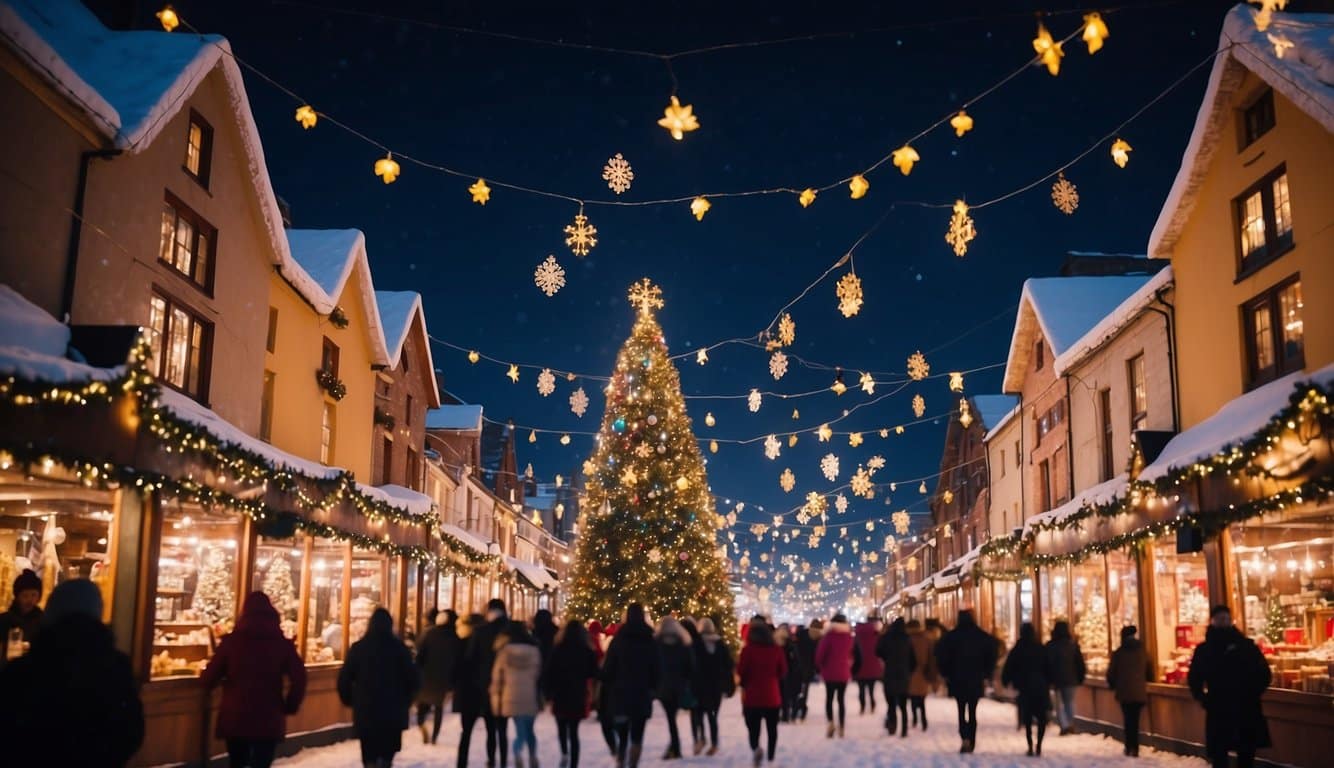 Colorful stalls line the snowy streets, adorned with twinkling lights and festive decorations. A large Christmas tree stands in the center, surrounded by joyful shoppers and the sound of holiday music