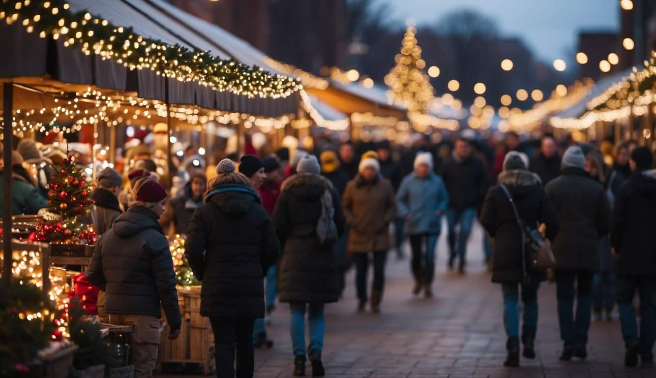 Colorful lights adorn market stalls at St. Louis Christmas festival. Crowds browse festive wares beneath twinkling displays