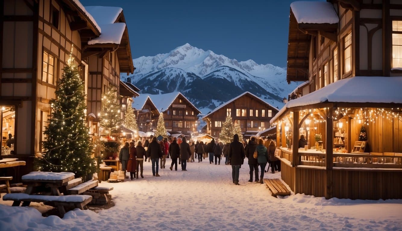 A snowy town square with twinkling lights, wooden stalls selling handmade ornaments and warm drinks, surrounded by snow-capped mountains