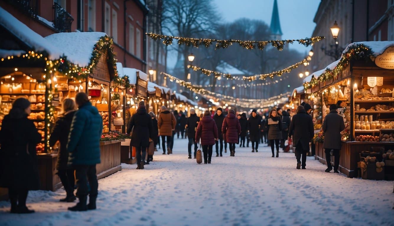 Colorful stalls line the snowy streets, adorned with twinkling lights and festive decorations. The air is filled with the scent of mulled wine and roasted chestnuts, as visitors browse for unique gifts and enjoy the holiday cheer