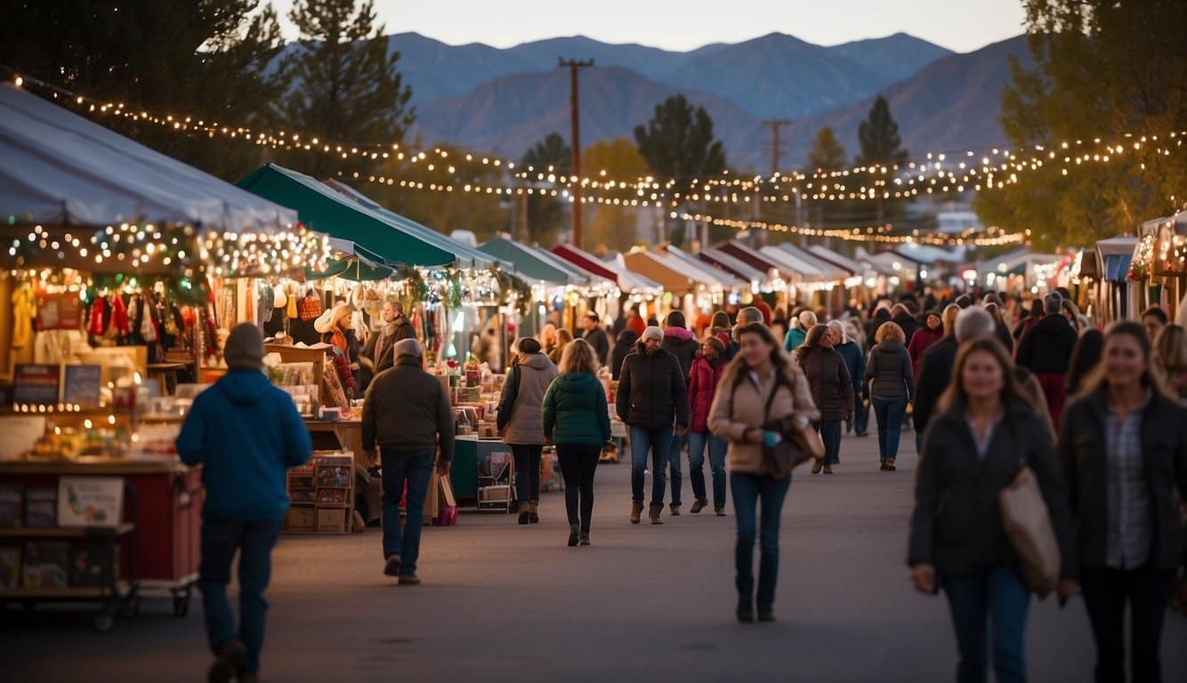 A bustling holiday craft faire in Minden, Nevada, with colorful market stalls, twinkling lights, and festive decorations, creating a cheerful and inviting atmosphere