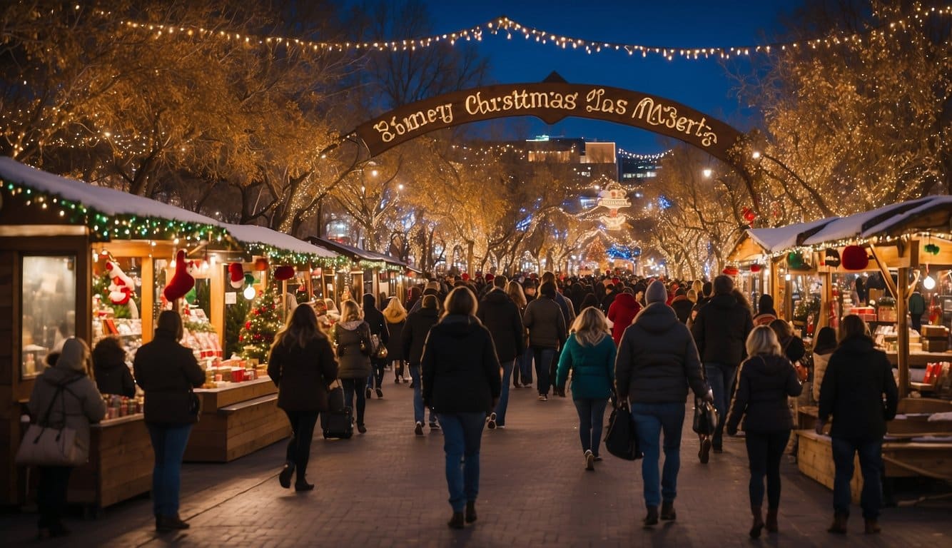 The Reno Riverwalk Christmas Market in Nevada, 2024, is bustling with festive activity. Colorful stalls line the walkway, adorned with twinkling lights and holiday decorations. A cheerful atmosphere fills the air as visitors browse the unique gifts and treats