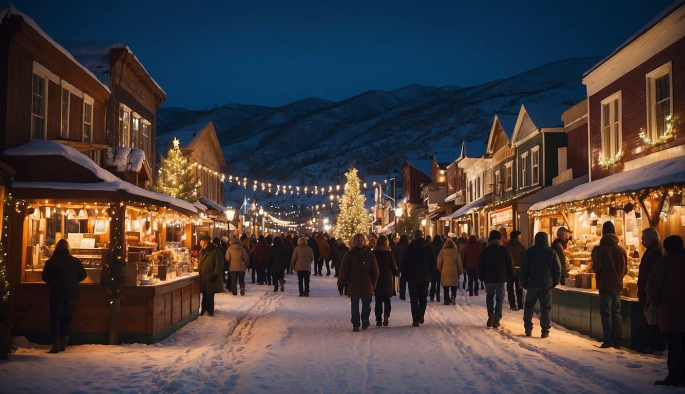 A bustling Christmas market in Virginia City, Nevada, with vendors selling festive goods under twinkling lights and snow-covered buildings