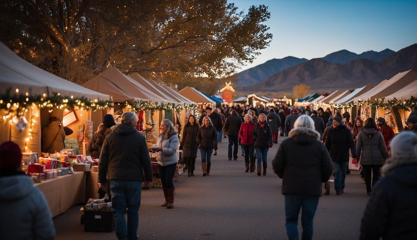 A bustling holiday craft fair in Smith Valley, Nevada, with vendors selling handmade gifts, twinkling Christmas lights, and festive decorations in 2024