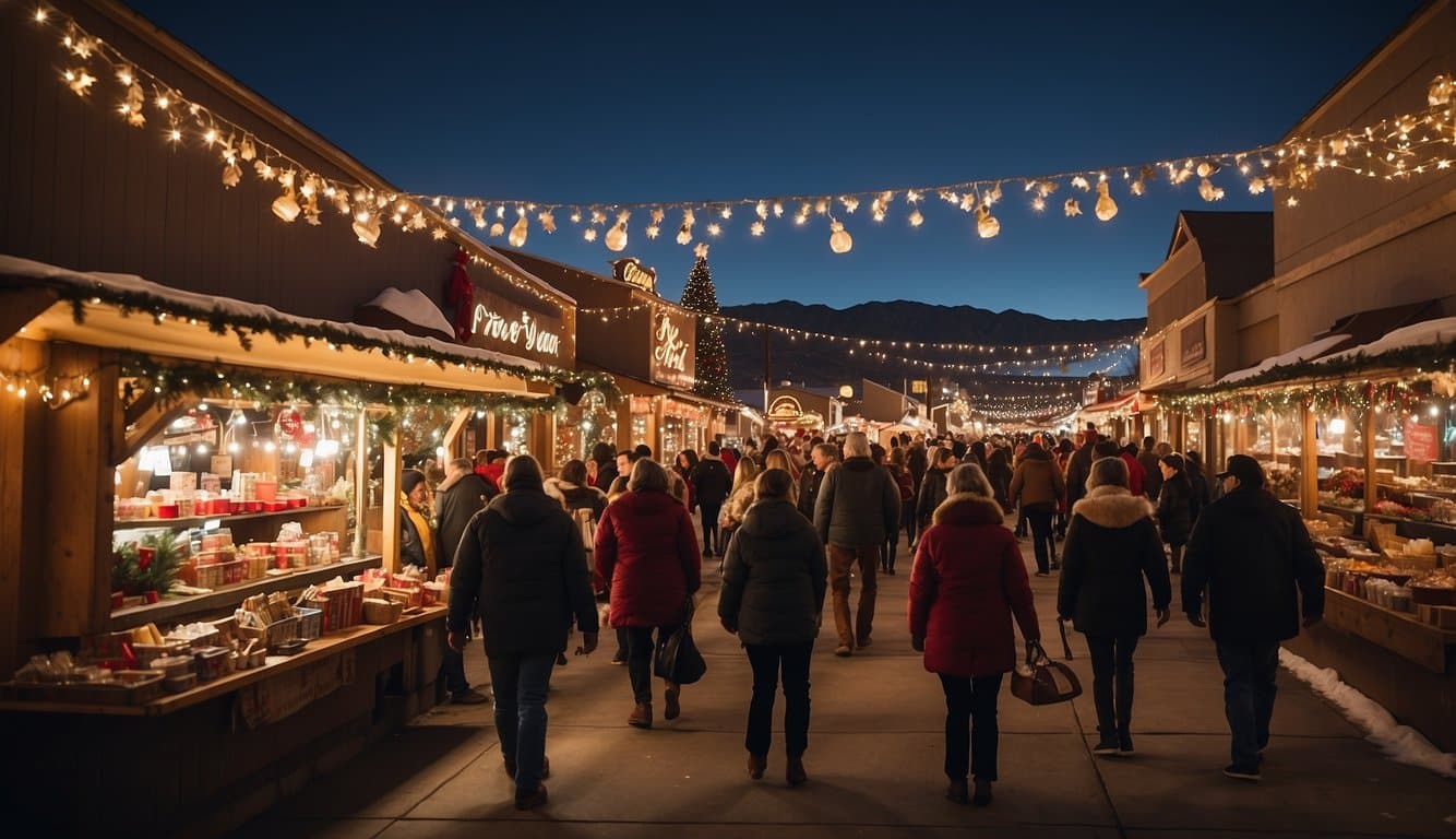 The bustling Fallon Community Christmas Market in Nevada, 2024, with colorful stalls, twinkling lights, and joyful carolers