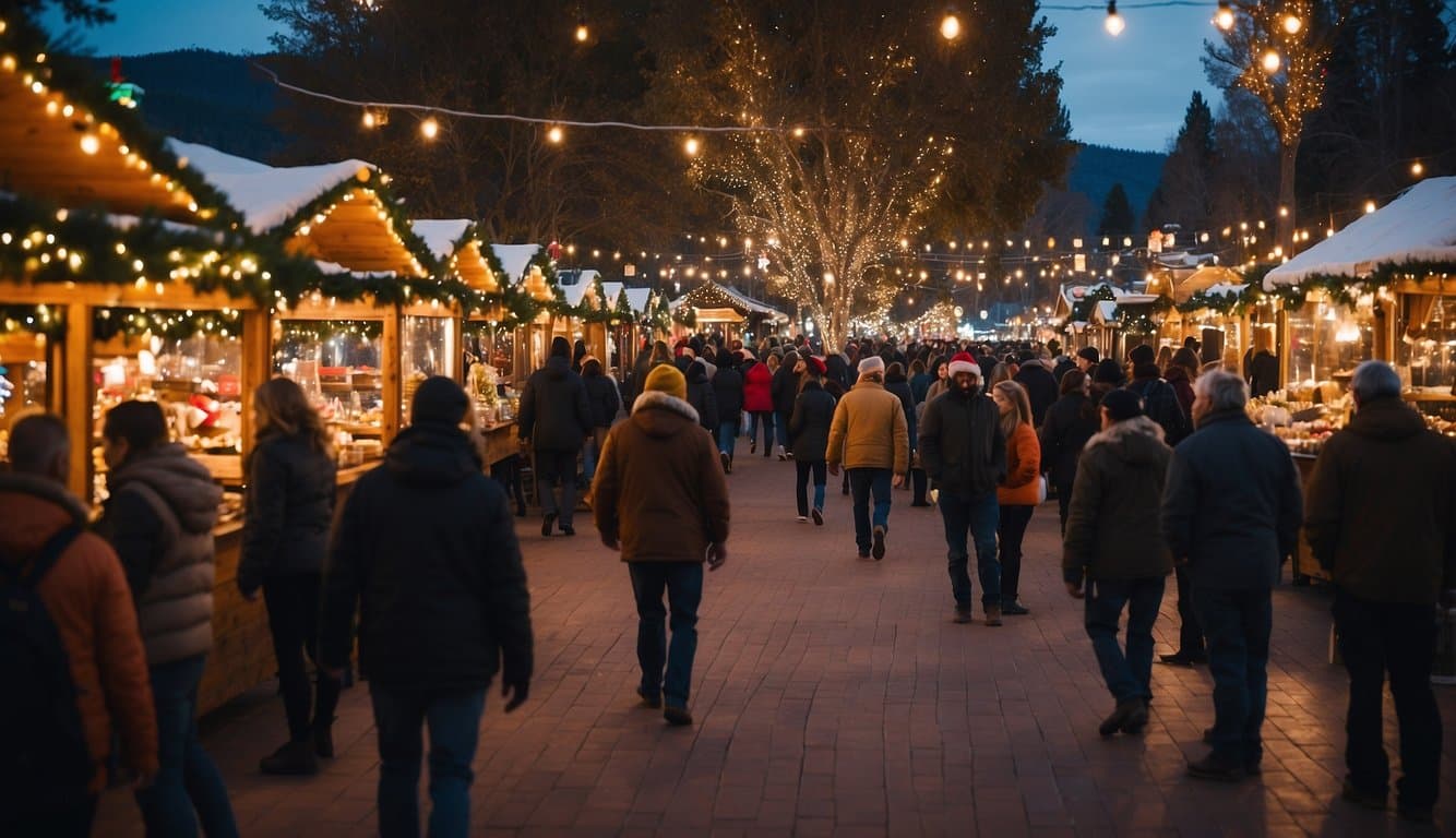 A bustling Christmas market in Nevada County, with colorful stalls, twinkling lights, and festive decorations