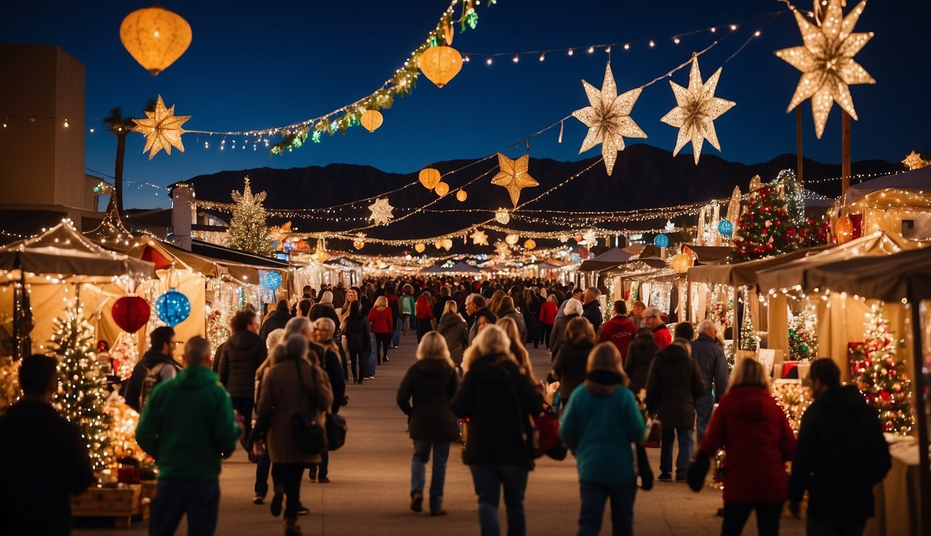 A crowd of people walking through a festive outdoor market at night with illuminated star decorations and various stalls on both sides.