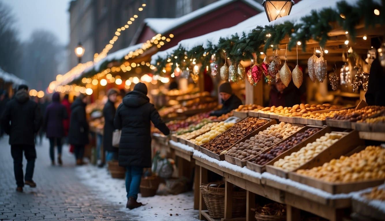 Snow-covered wooden stalls line the cobblestone streets, adorned with twinkling lights and festive decorations. Shoppers browse through handmade crafts and savor the aroma of mulled wine and roasted chestnuts