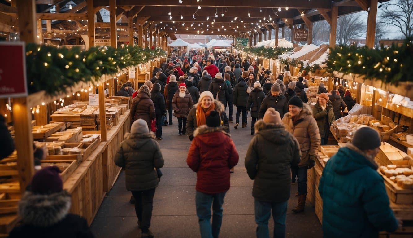 The Christmas market at Great Basin Community Food Co-Op is bustling with festive activity, as vendors display their goods and visitors enjoy the holiday cheer