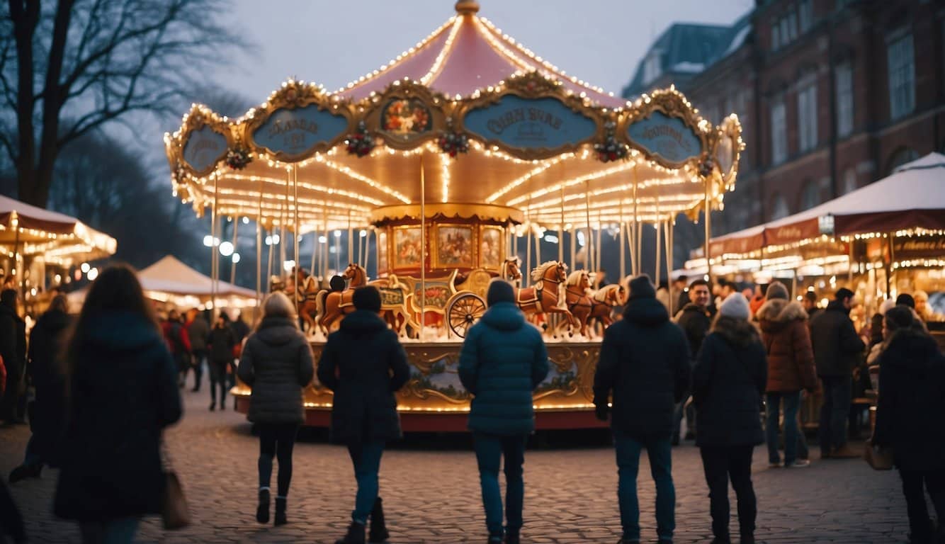 The festive market bustles with twinkling lights, adorned trees, and cheerful shoppers. A carousel spins, and the air is filled with the scent of hot cocoa and pine