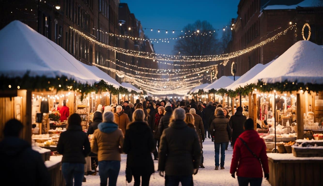 The holiday bazaar is bustling with festive stalls, adorned with twinkling lights and colorful decorations. Snow gently falls, creating a picturesque winter wonderland scene