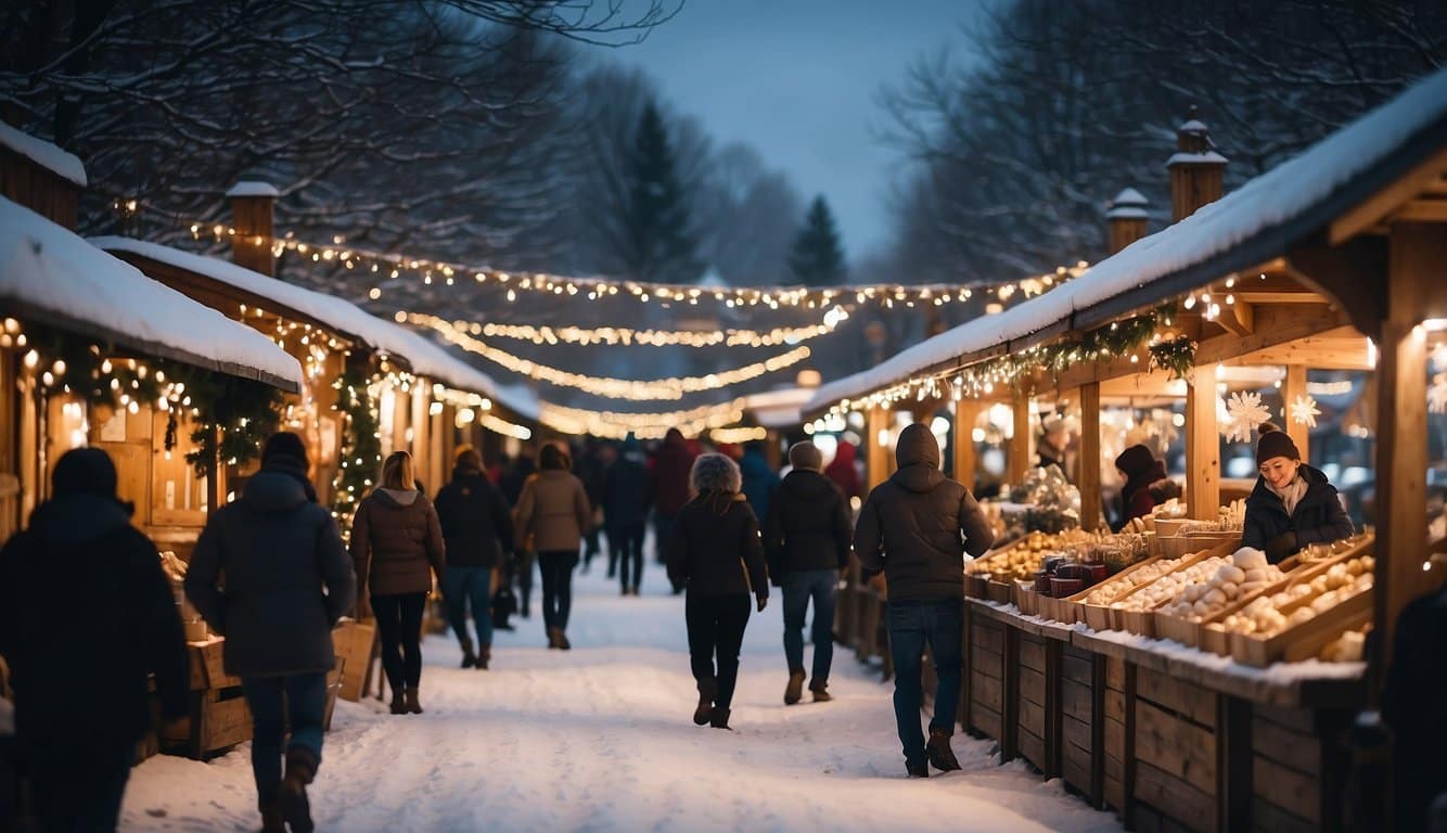 Snow-covered stalls line the market, adorned with twinkling lights and festive decorations. A cozy atmosphere fills the air as visitors shop for handcrafted gifts and savor seasonal treats