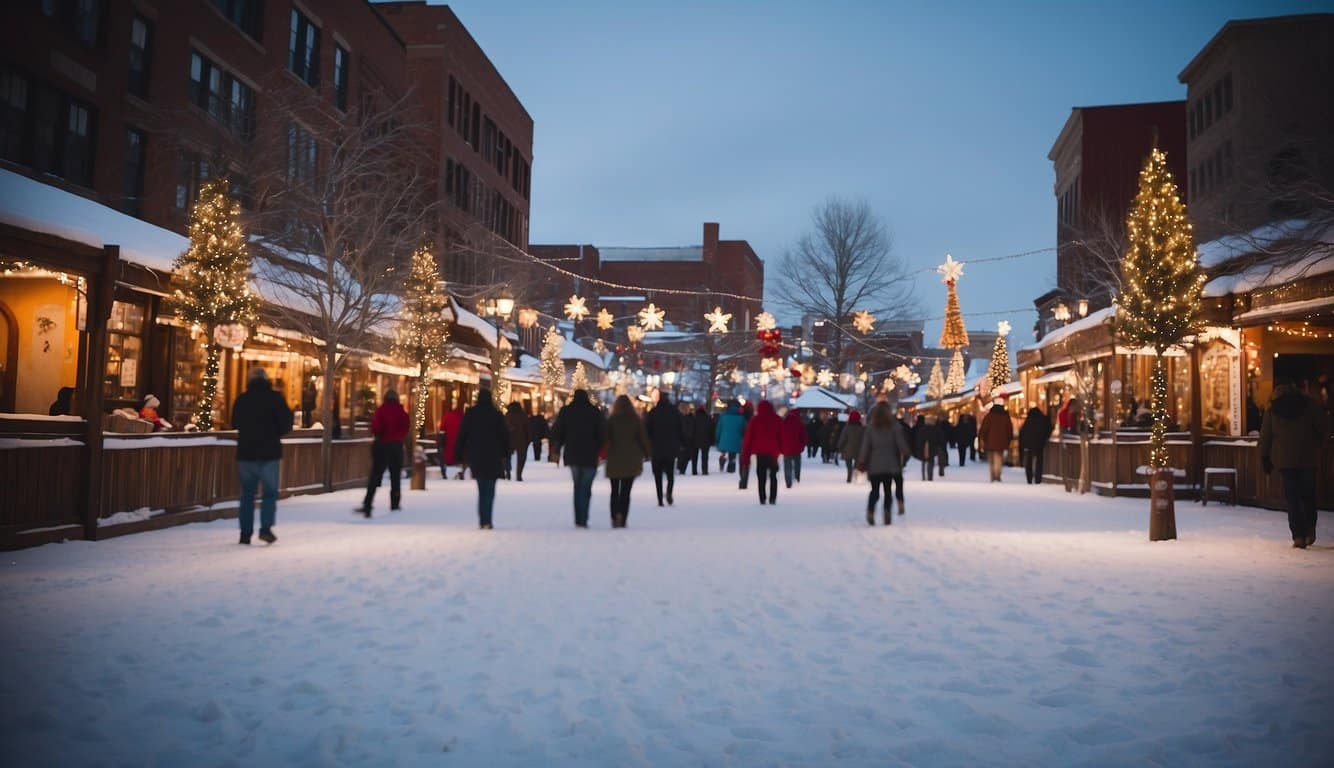 Snow-covered Main Street Square with festive Christmas markets and twinkling lights in Rapid City, South Dakota 2024