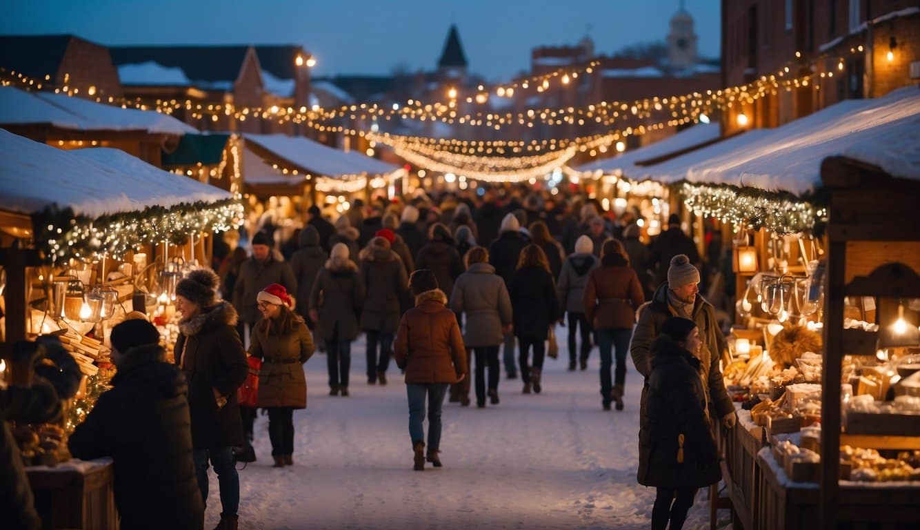 A bustling Christmas market with vendors selling crafts and treats, surrounded by twinkling lights and festive decorations in downtown Spearfish, South Dakota