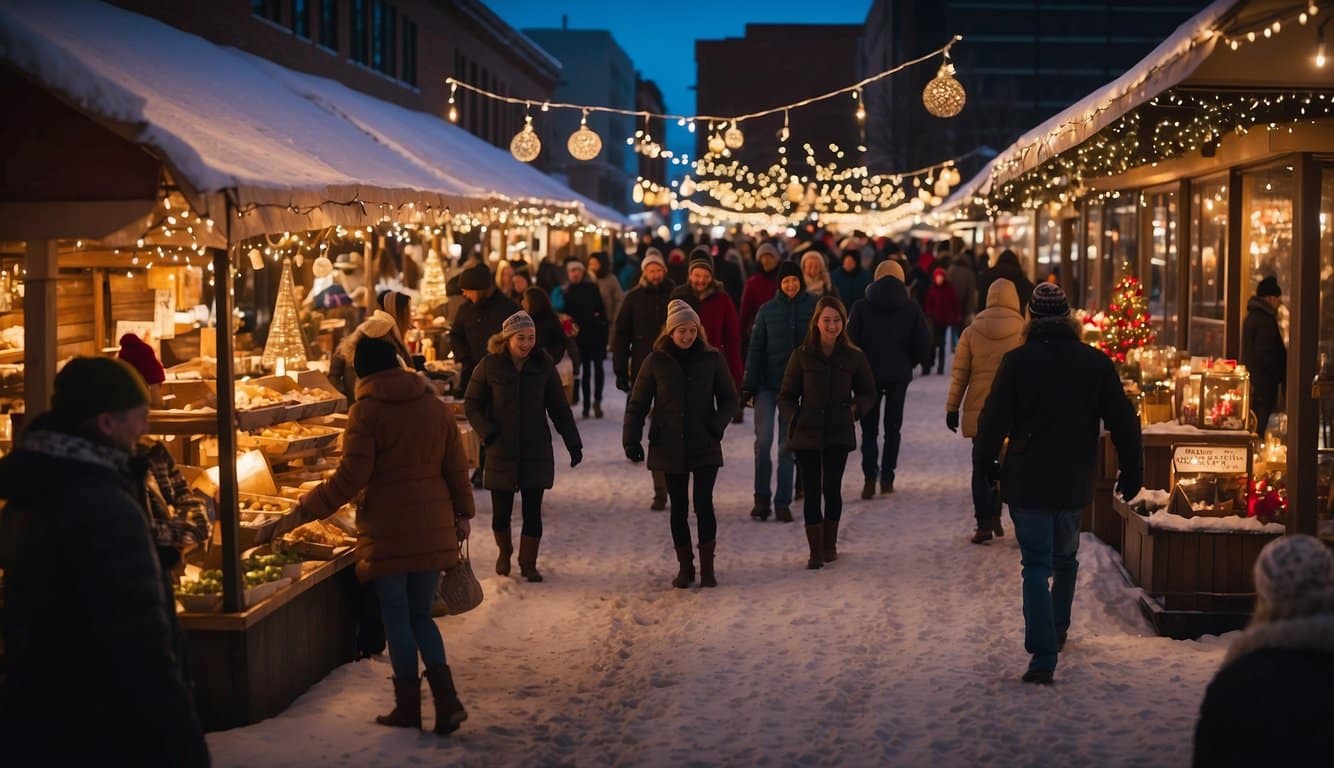 The Madison Downtown Market is filled with festive Christmas stalls in South Dakota, 2024. The market is bustling with holiday shoppers and twinkling lights, creating a warm and inviting atmosphere